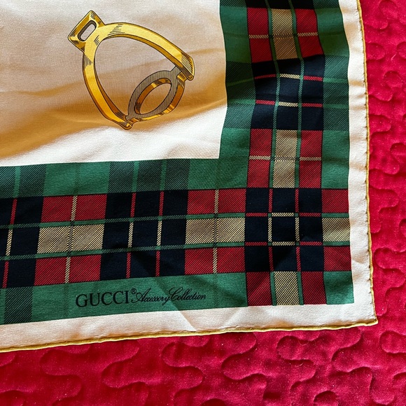 Vintage Gucci Silk Scarf Green Plaid Equestrian - Picture 4 of 9
